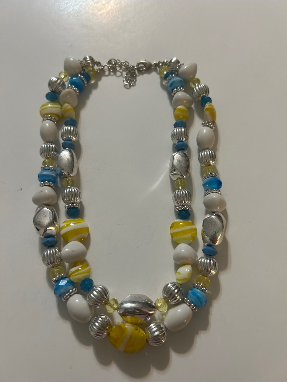Handcrafted White, Yellow & Blue Beaded Statement Necklace
